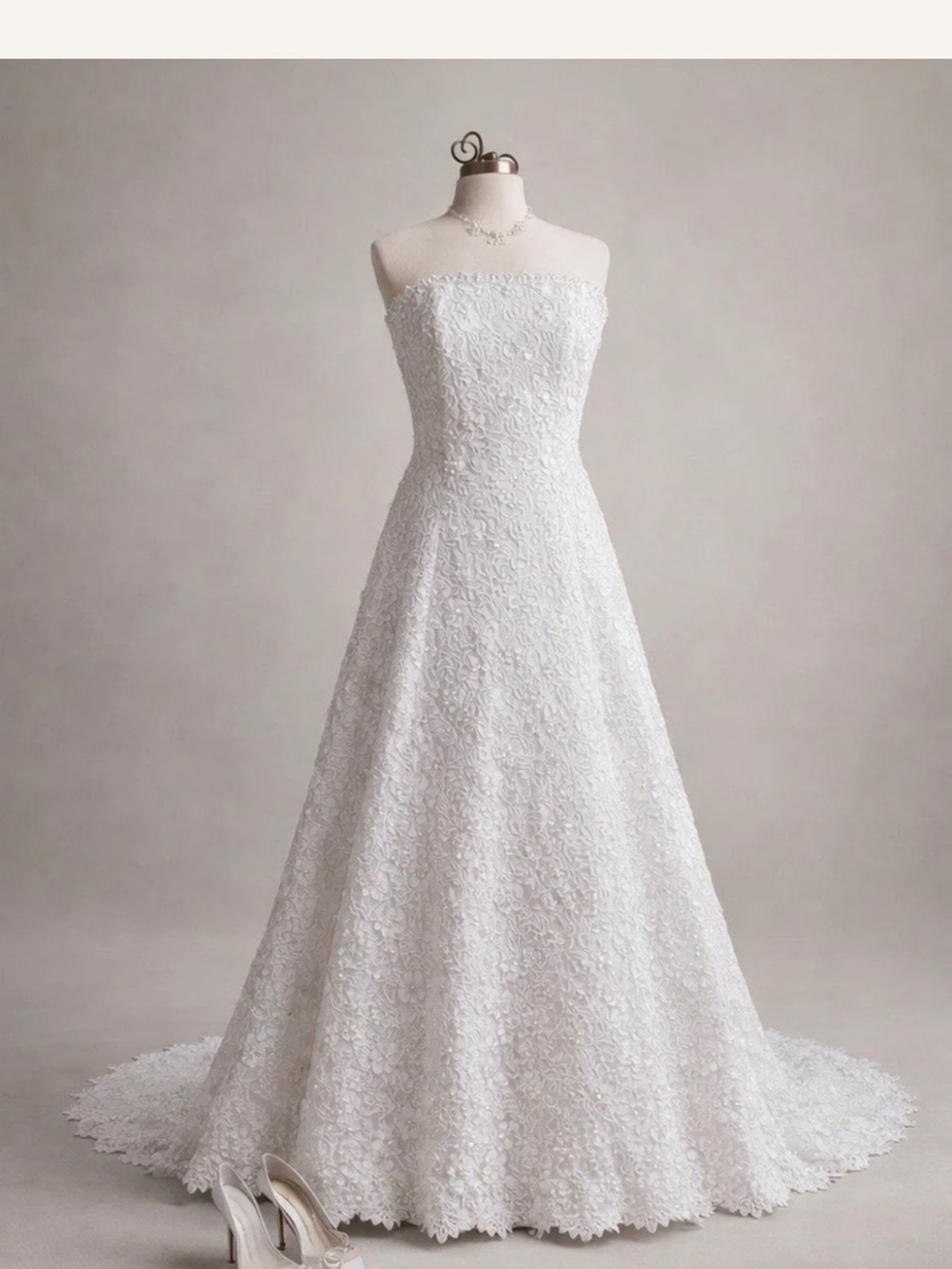 David's Bridal White Strapless Lace A-Line Wedding Gown